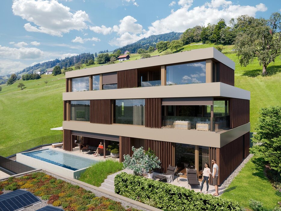 Fassade visualisiert Architektur Überbauung Solair in Ennetbürgen