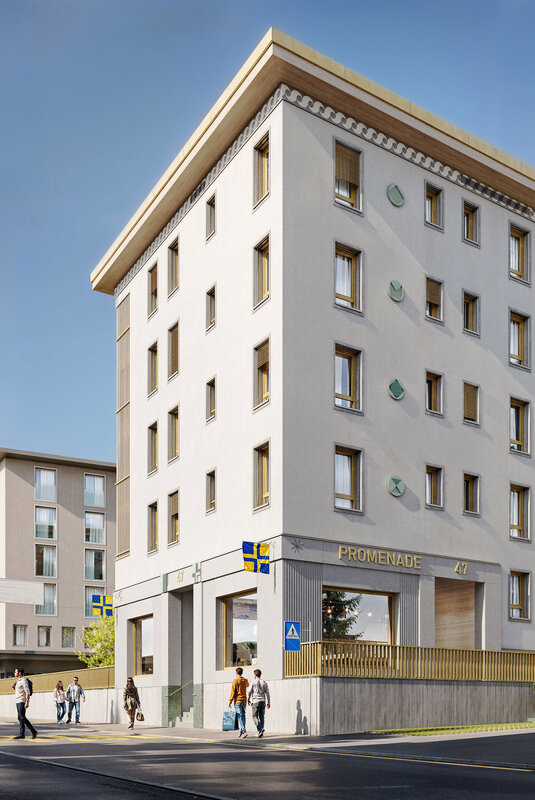 Fassade Mehrfamilienhaus mit Ferienwohnungen an der Davoser Promenade